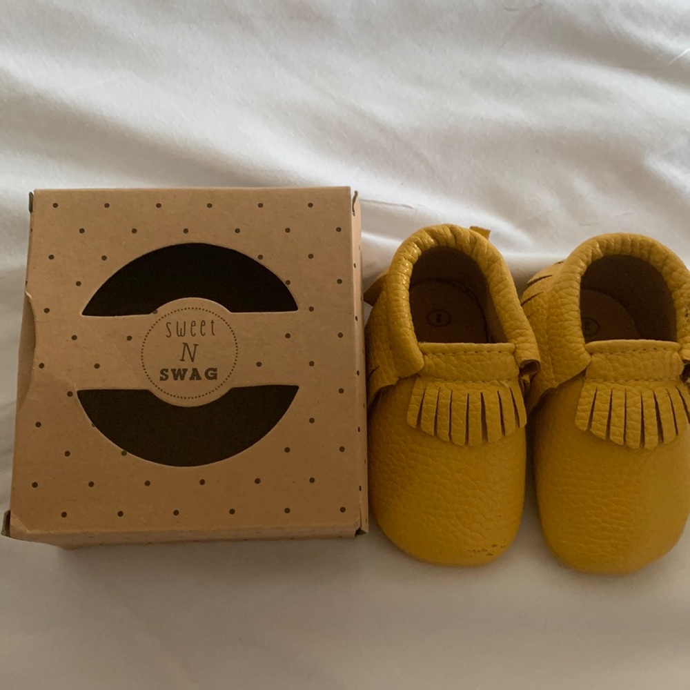 Sweet N Swag mustard colored moccasins, baby size 2